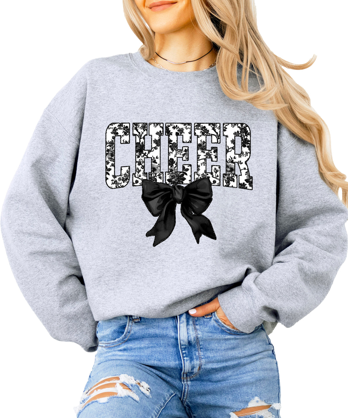 Gray crewneck sweatshirt with black floral CHEER varsity letters and coquette bow, front view