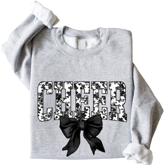 Gray cheer sweatshirt with black floral bow design, alternate view