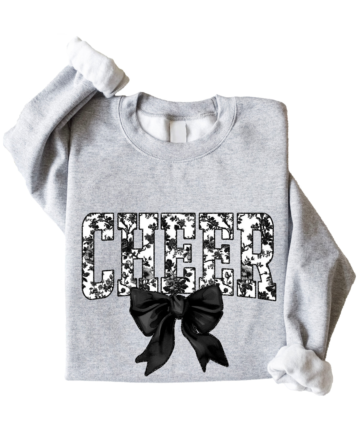 Gray cheer sweatshirt with black floral bow design, alternate view