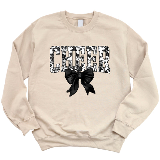 Sand cheer sweatshirt with black floral bow design, alternate view