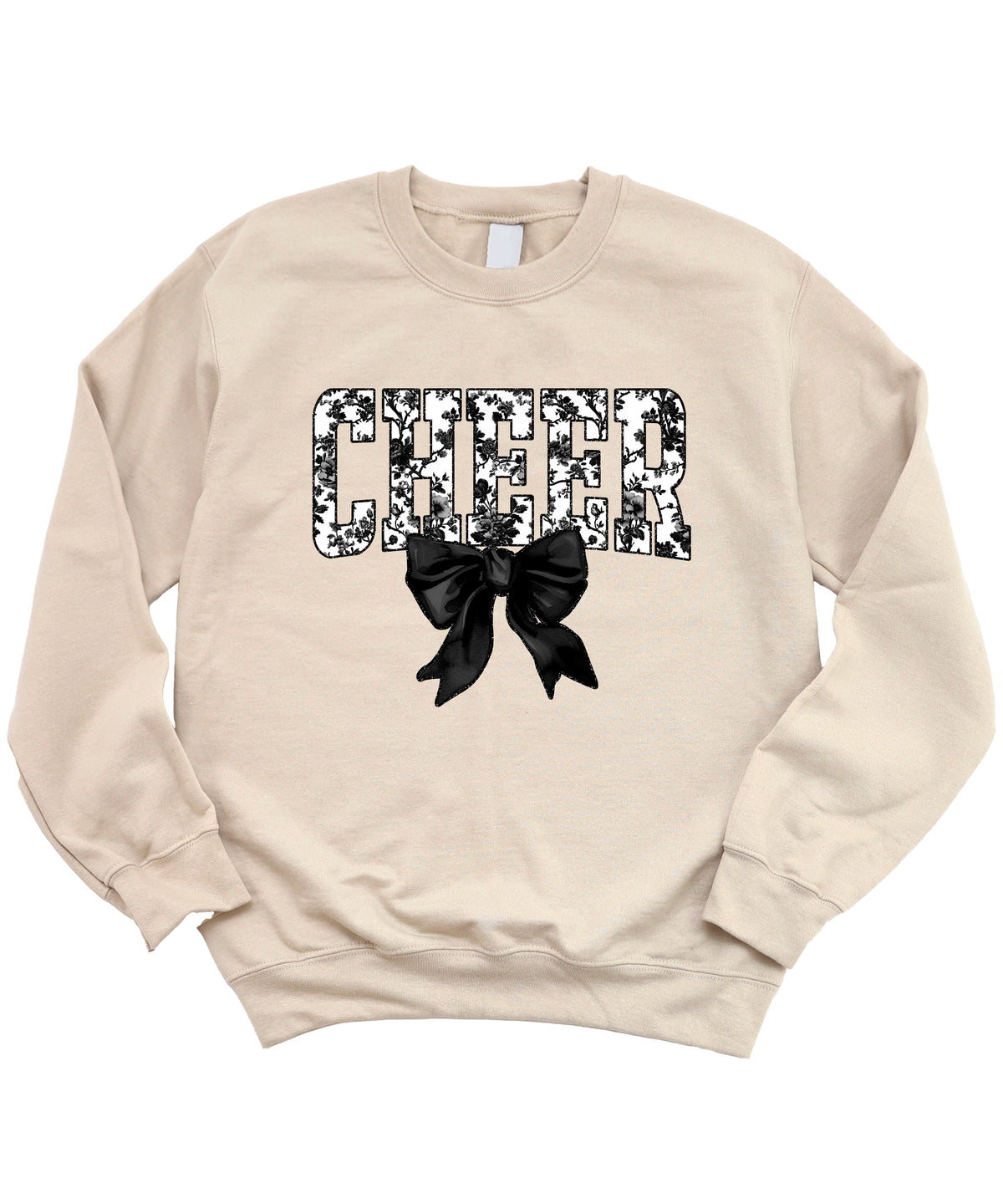 Sand cheer sweatshirt with black floral bow design, alternate view