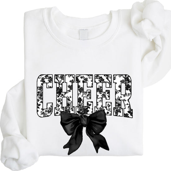 White cheer sweatshirt with black floral bow design, alternate view