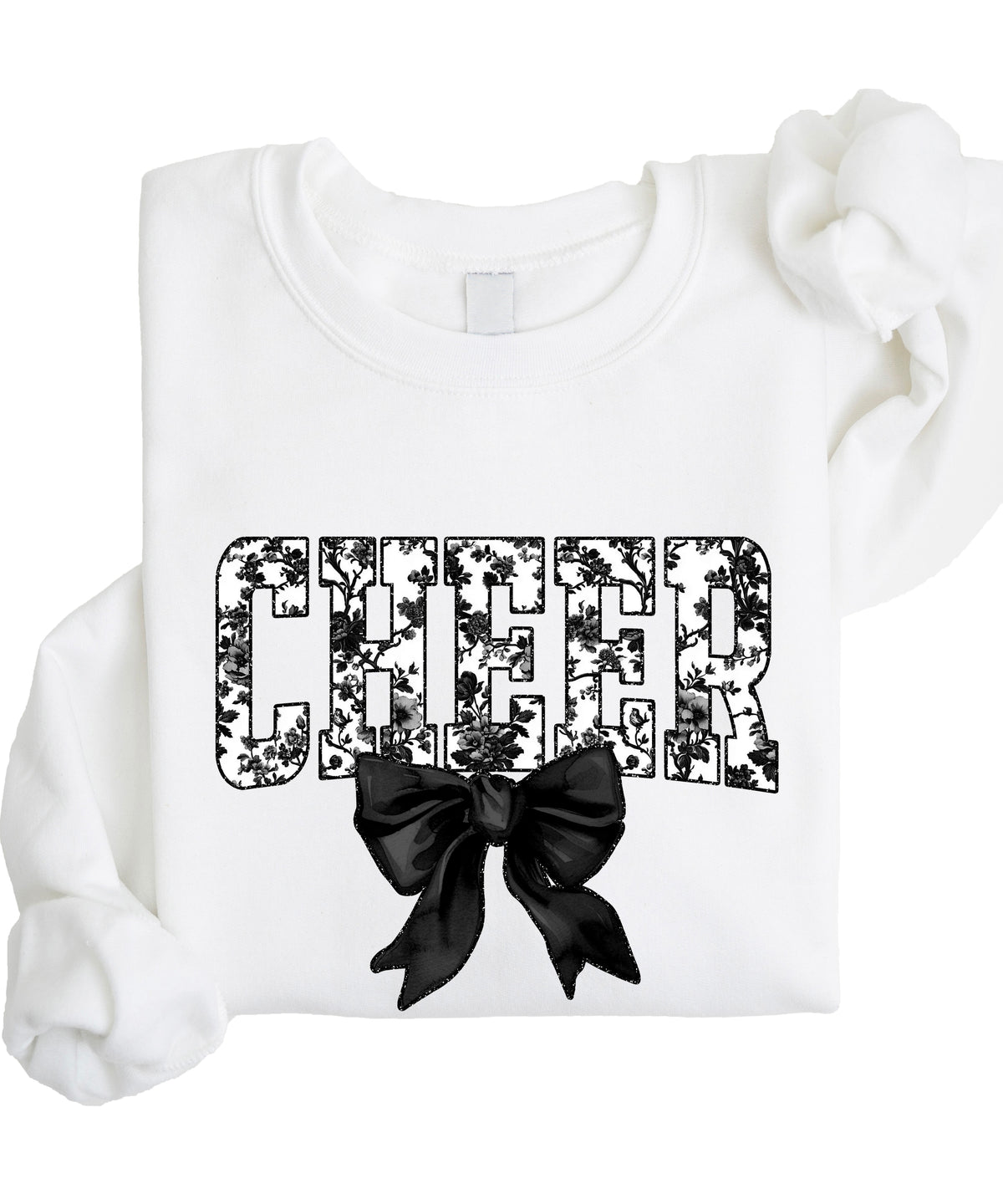 White cheer sweatshirt with black floral bow design, alternate view