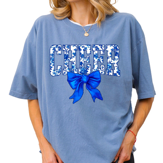 Cheer blue floral bow shirt in Blue Jean, second view