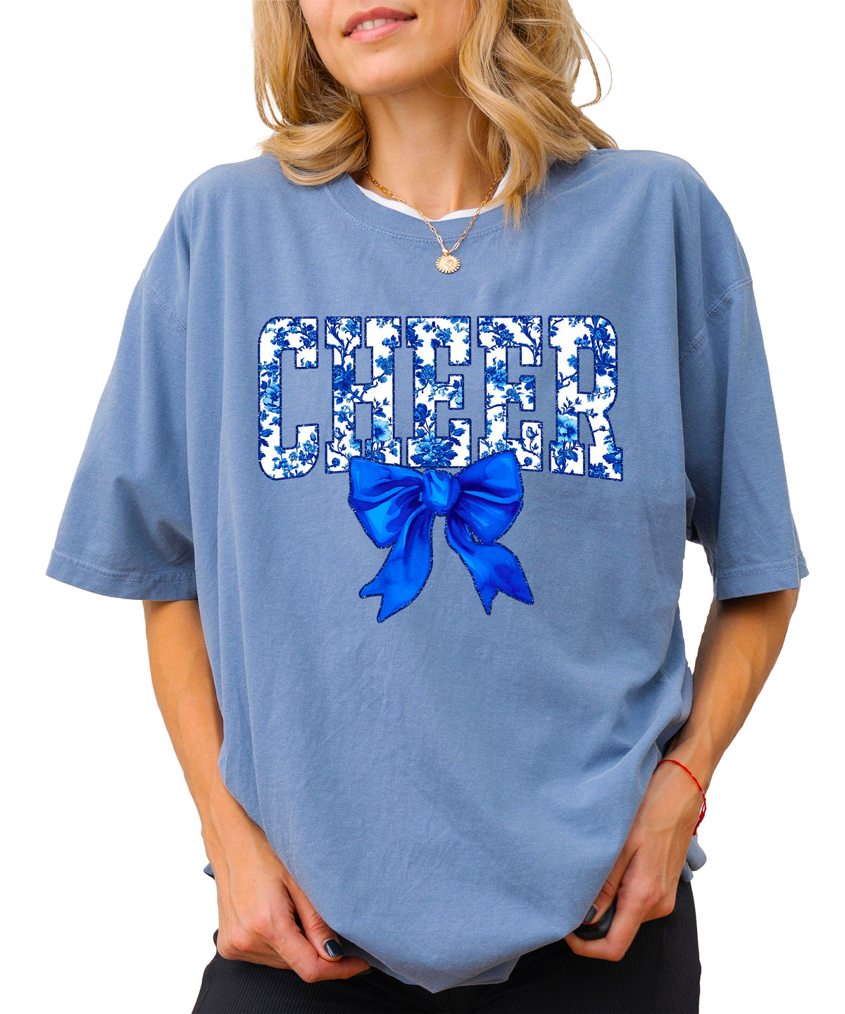 Cheer blue floral bow shirt in Blue Jean, second view