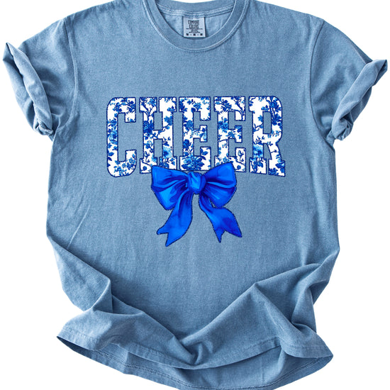 Cheer blue floral bow shirt in Blue Jean, lifestyle view