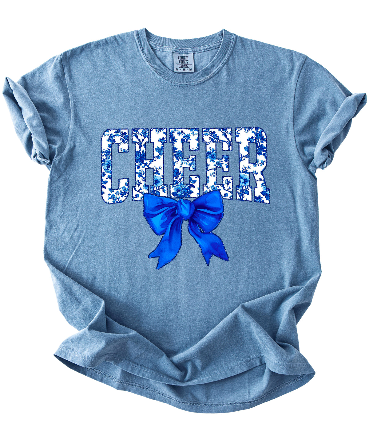 Cheer blue floral bow shirt in Blue Jean, lifestyle view