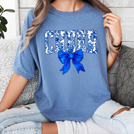 Cheer blue floral bow shirt in Blue Jean, detail view