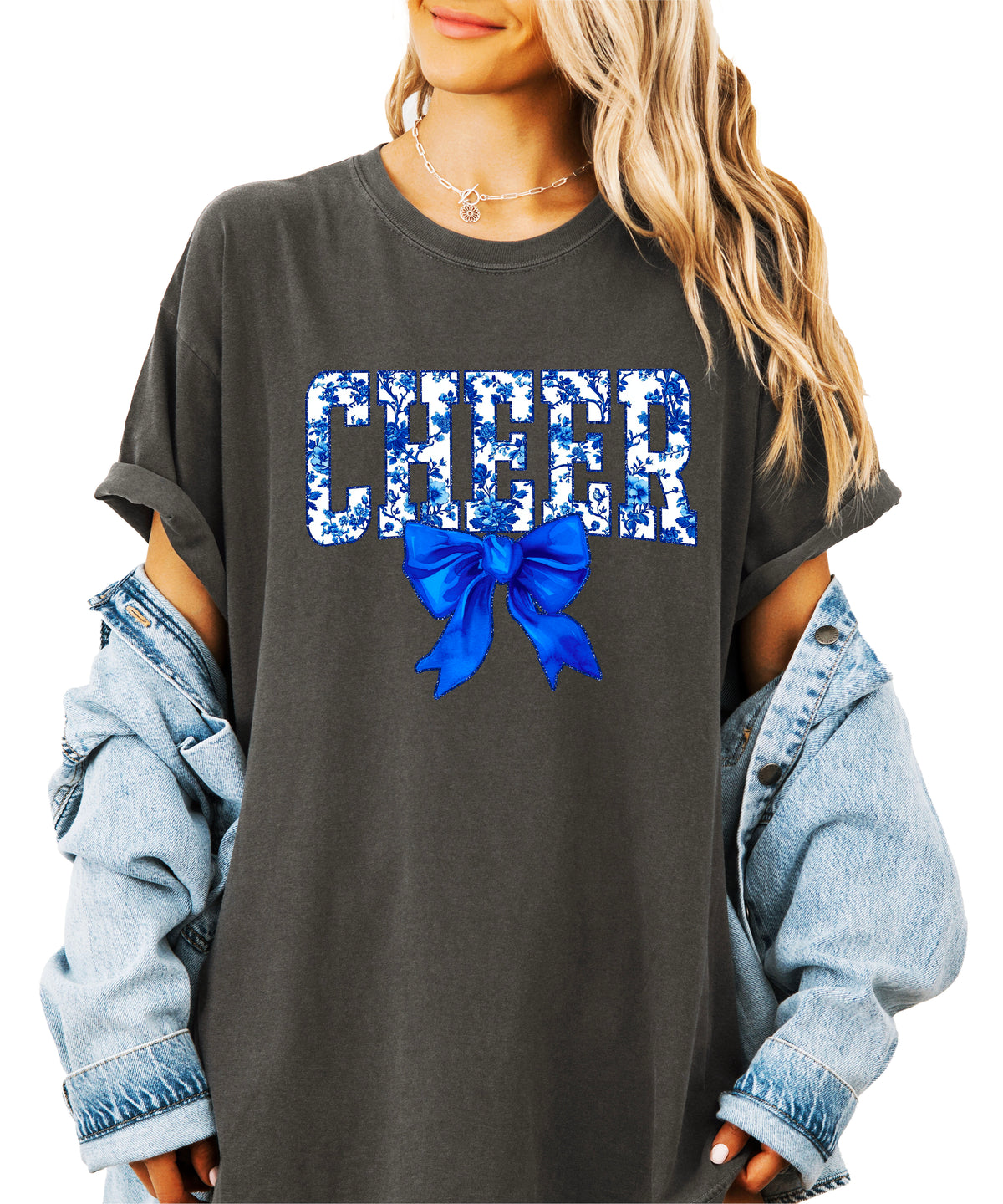 Cheer blue floral coquette bow Comfort Colors tee for women in Pepper, front view