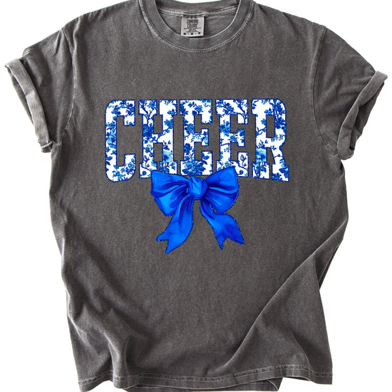 Cheer blue floral bow shirt in Pepper, lifestyle view