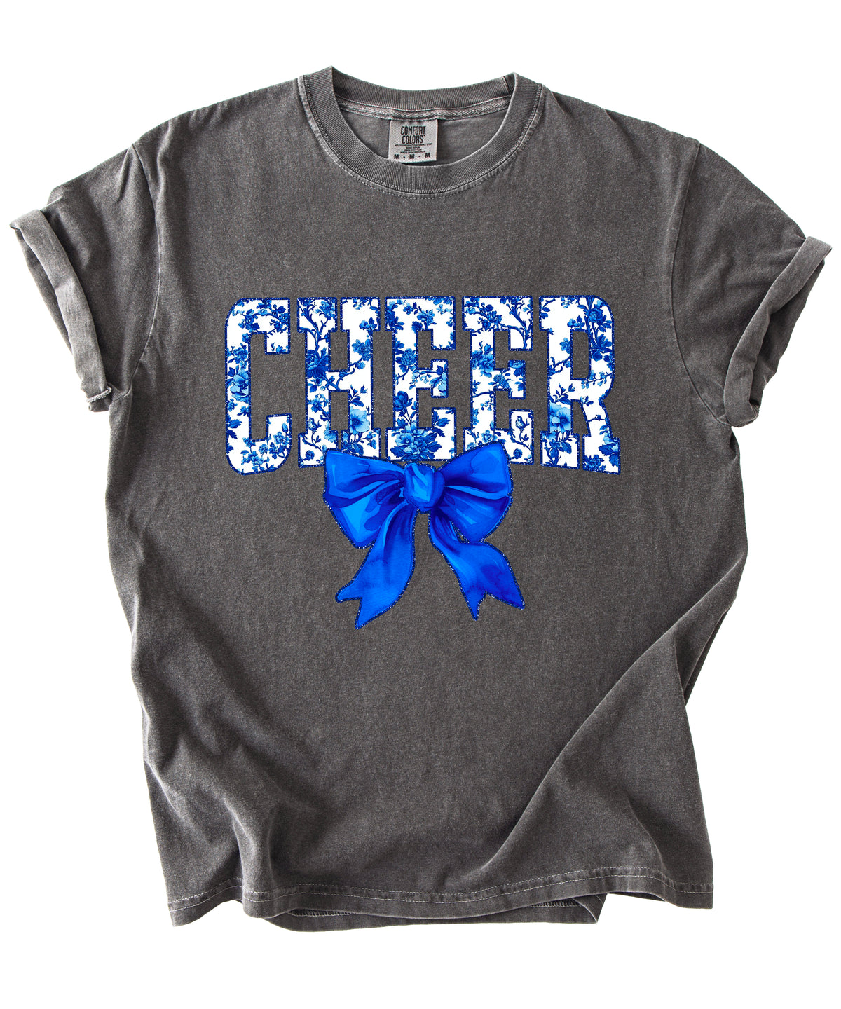 Cheer blue floral bow shirt in Pepper, lifestyle view