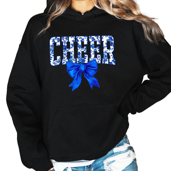 Cheer blue floral bow hoodie for women and teen girls, Black hoodie, front view