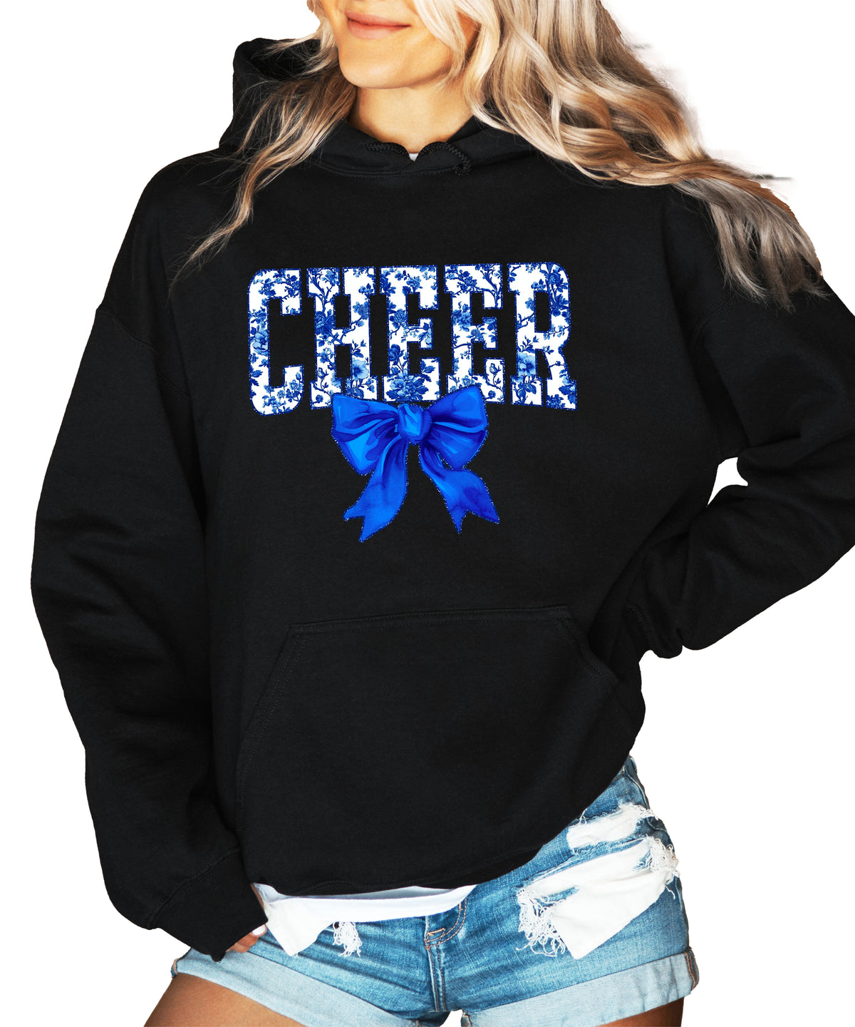 Cheer blue floral bow hoodie for women and teen girls, Black hoodie, front view