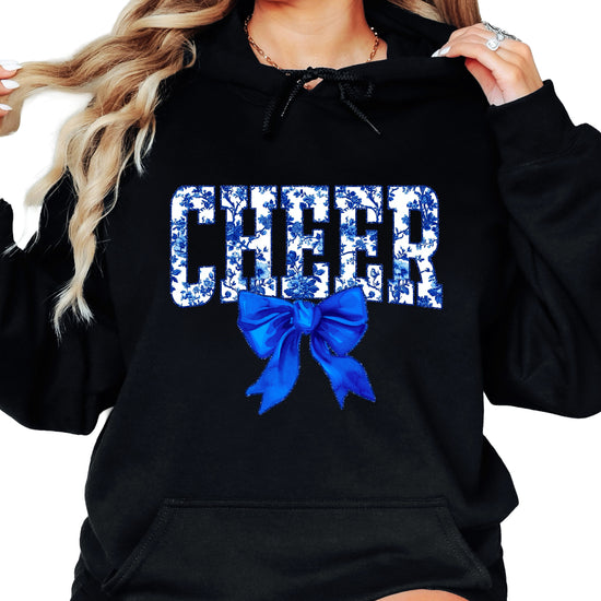 Cheer blue floral bow hoodie for women and teen girls, Black hoodie, additional view 2