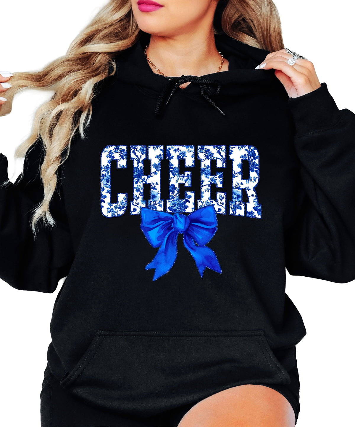 Cheer blue floral bow hoodie for women and teen girls, Black hoodie, additional view 2
