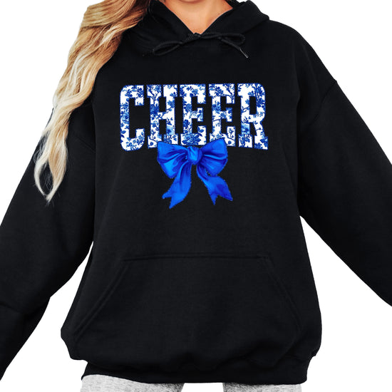Cheer blue floral bow hoodie for women and teen girls, Black hoodie, additional view 3