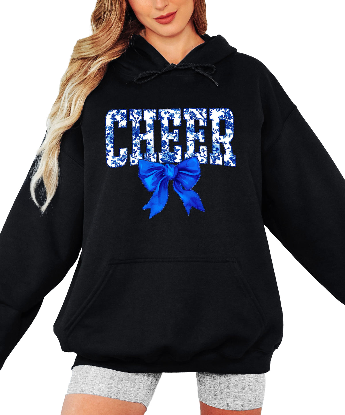 Cheer blue floral bow hoodie for women and teen girls, Black hoodie, additional view 3