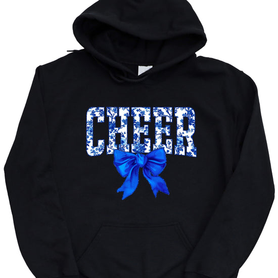 Cheer blue floral bow hoodie for women and teen girls, Black hoodie, additional view 4