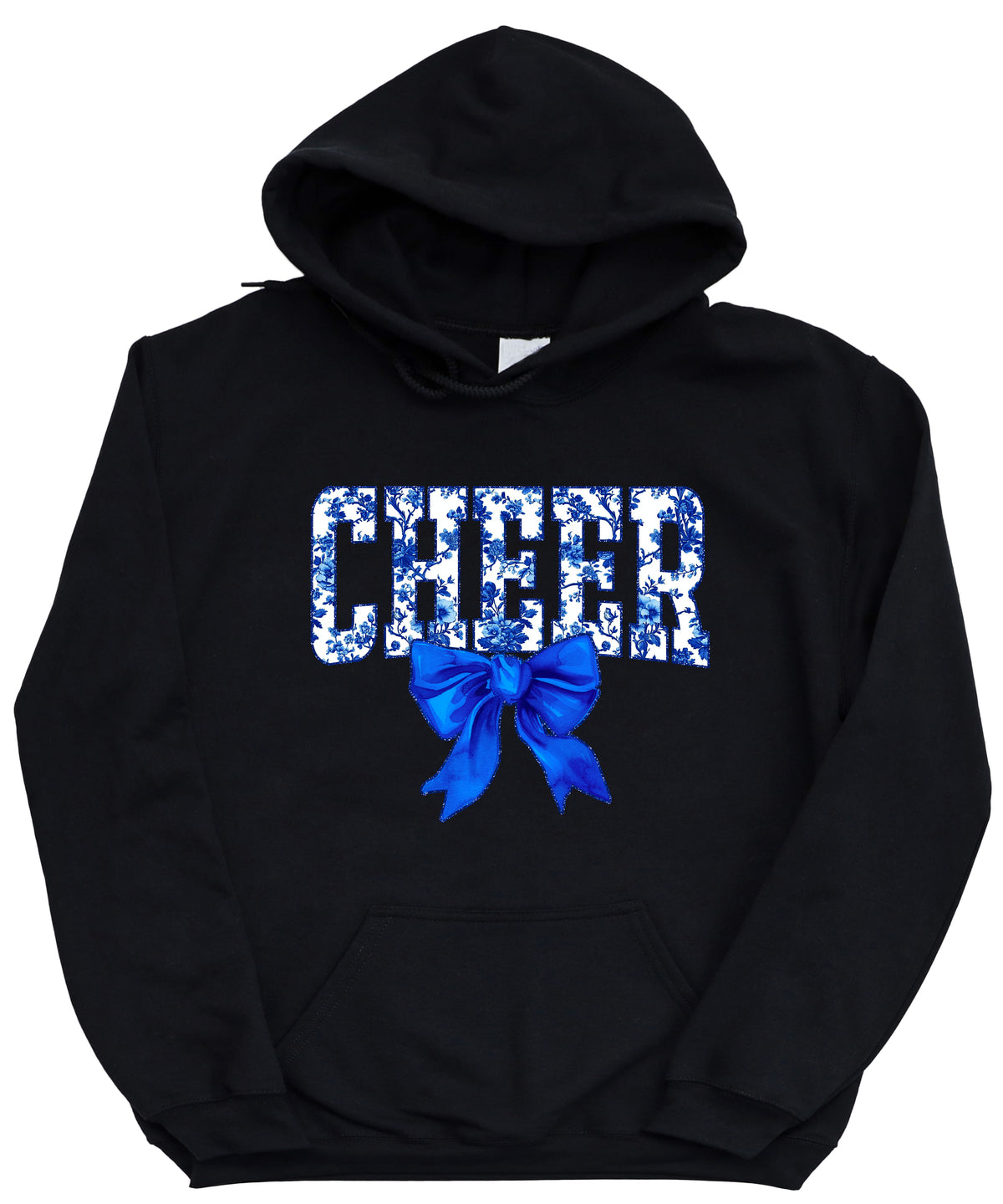 Cheer blue floral bow hoodie for women and teen girls, Black hoodie, additional view 4