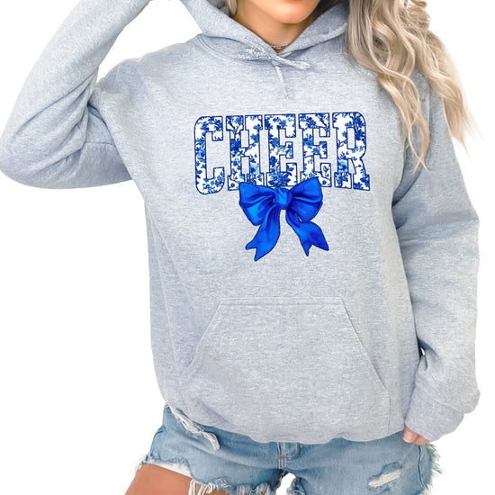 Cheer blue floral bow hoodie for women and teen girls, Gray hoodie, front view