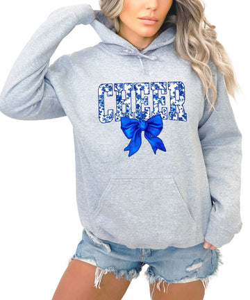 Cheer blue floral bow hoodie for women and teen girls, Gray hoodie, front view