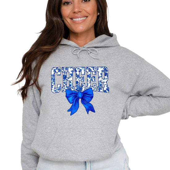 Cheer blue floral bow hoodie for women and teen girls, Gray hoodie, additional view 2