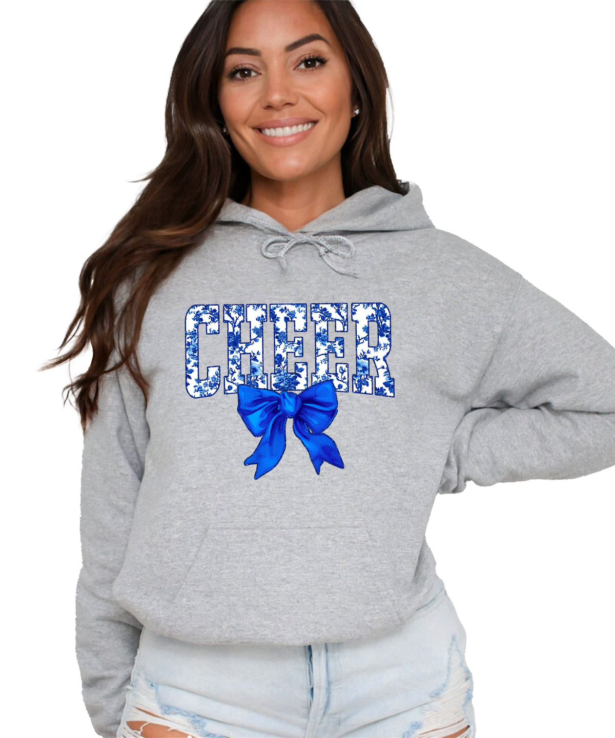 Cheer blue floral bow hoodie for women and teen girls, Gray hoodie, additional view 2