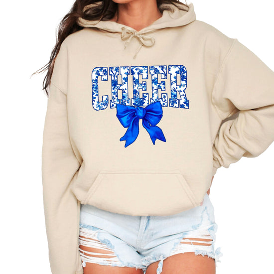 Cheer blue floral bow hoodie for women and teen girls, Sand hoodie, front view