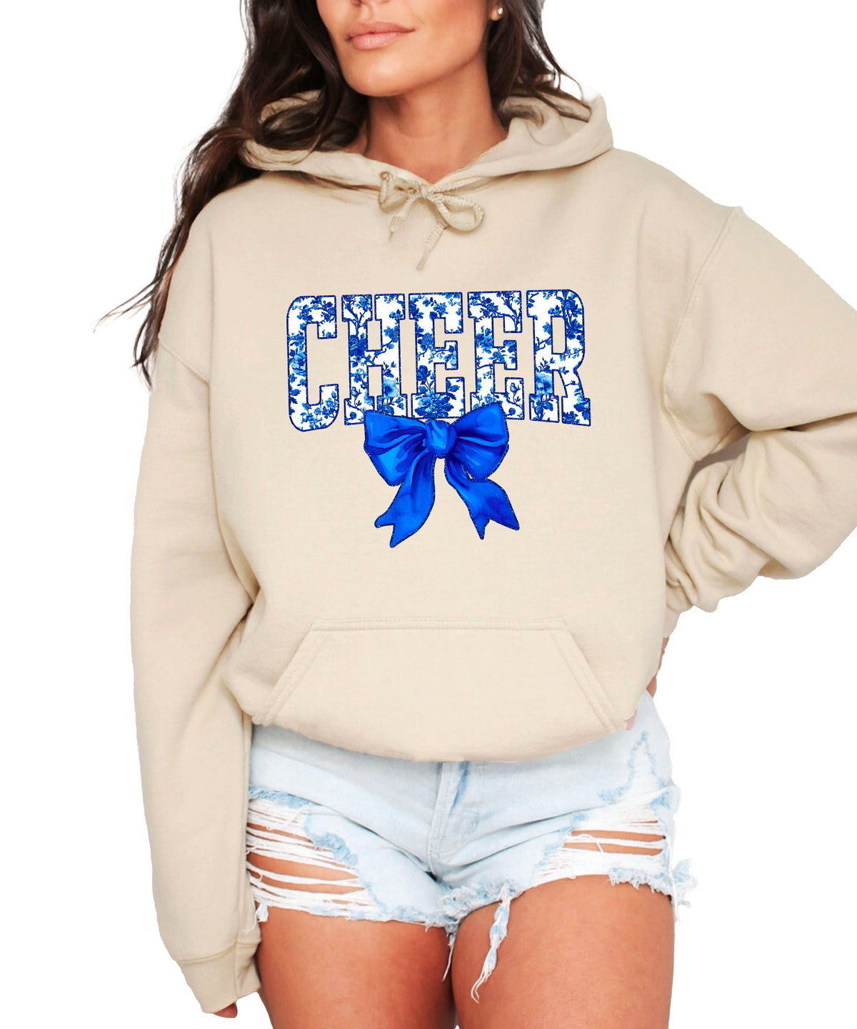 Cheer blue floral bow hoodie for women and teen girls, Sand hoodie, front view