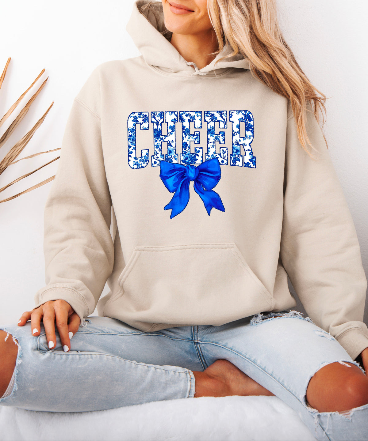 Cheer blue floral bow hoodie for women and teen girls, Sand hoodie, additional view 2