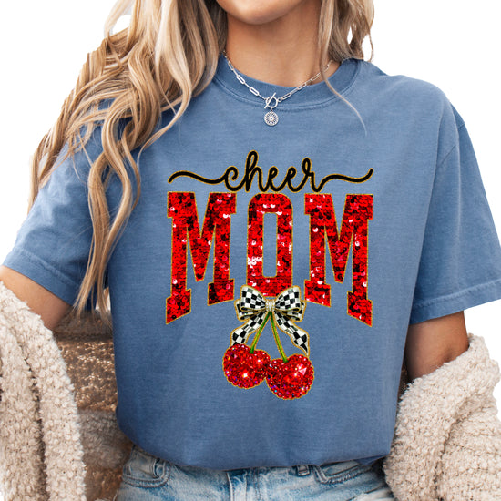 Cheerleader mom cherry coquette bow shirt, Blue Jean Comfort Colors tee, front