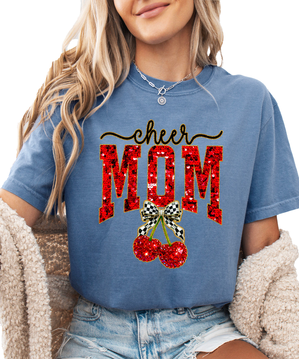 Cheerleader mom cherry coquette bow shirt, Blue Jean Comfort Colors tee, front