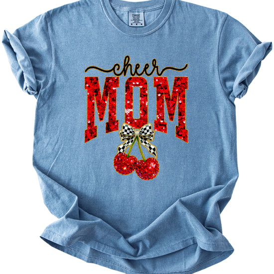 Cheerleader mom cherry coquette bow shirt, Blue Jean Comfort Colors tee, view 3
