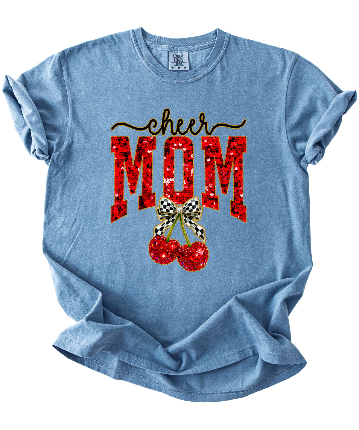 Cheerleader mom cherry coquette bow shirt, Blue Jean Comfort Colors tee, view 3