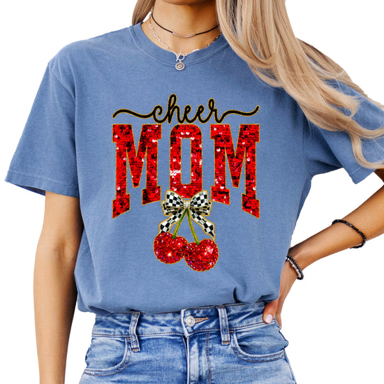 Cheerleader mom cherry coquette bow shirt, Blue Jean Comfort Colors tee, view 4