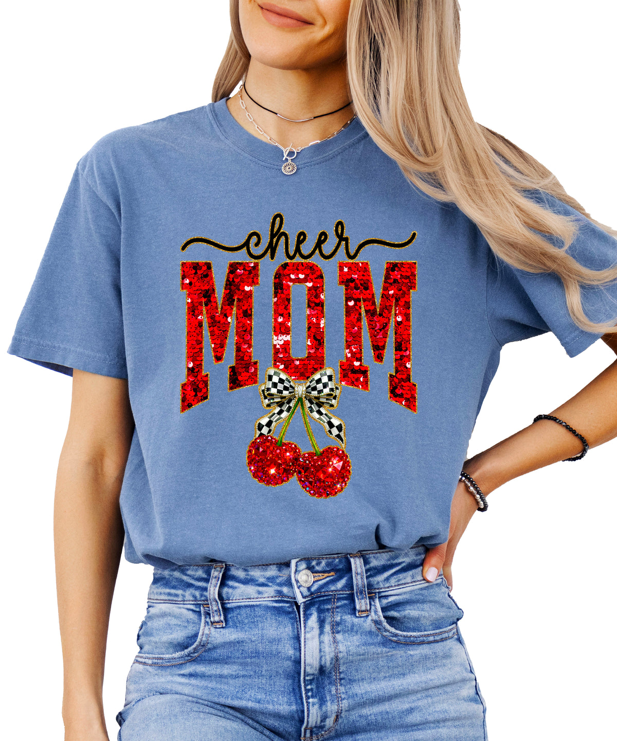 Cheerleader mom cherry coquette bow shirt, Blue Jean Comfort Colors tee, view 4
