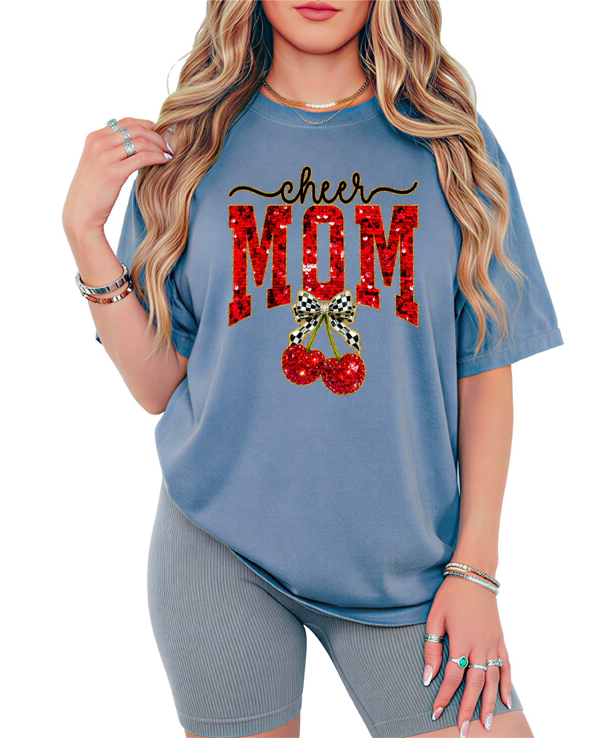 Cheerleader mom cherry coquette bow shirt, Blue Jean Comfort Colors tee, view 5