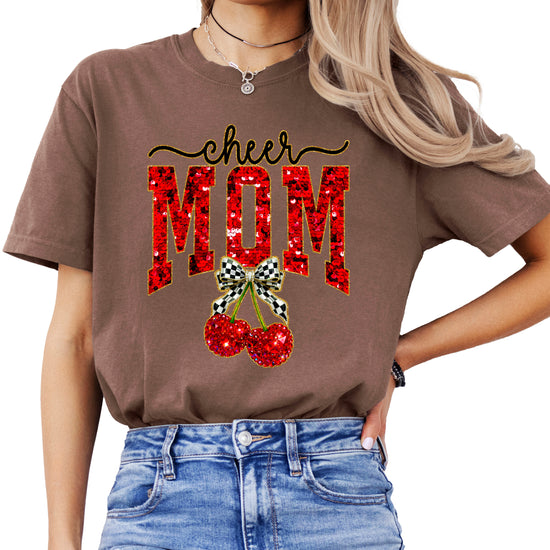 Cheerleader mom cherry coquette bow shirt, Espresso Comfort Colors tee, front
