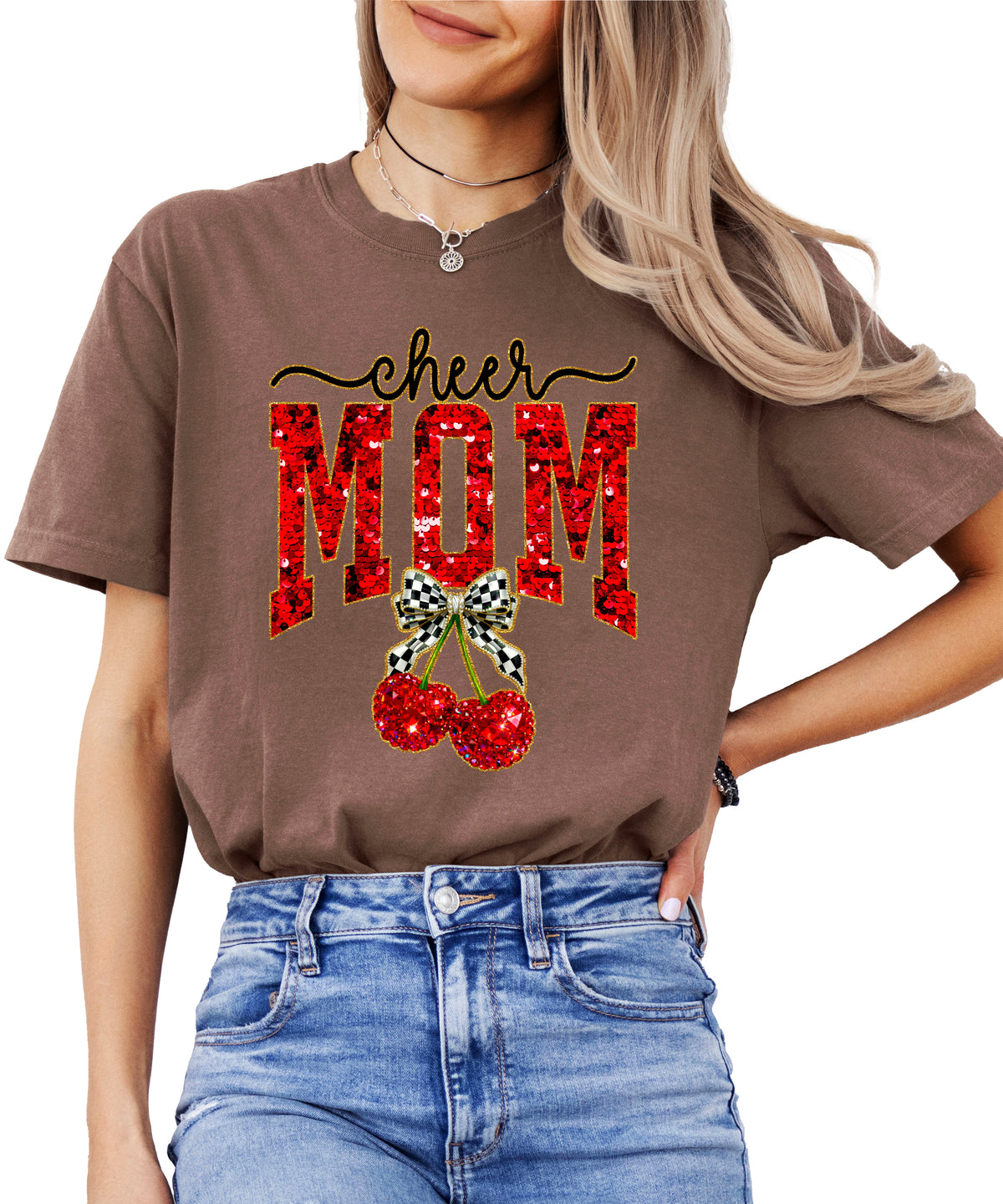 Cheerleader mom cherry coquette bow shirt, Espresso Comfort Colors tee, front