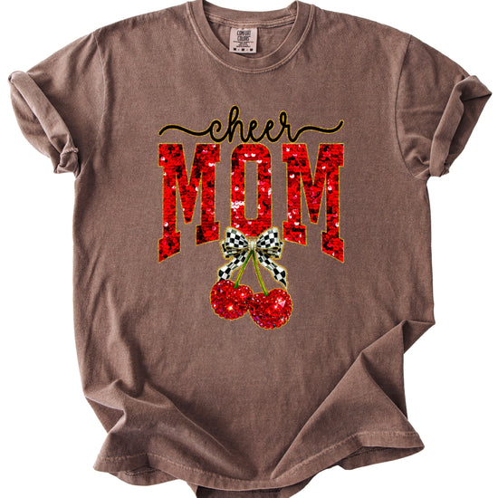 Cheerleader mom cherry coquette bow shirt, Espresso Comfort Colors tee, view 3