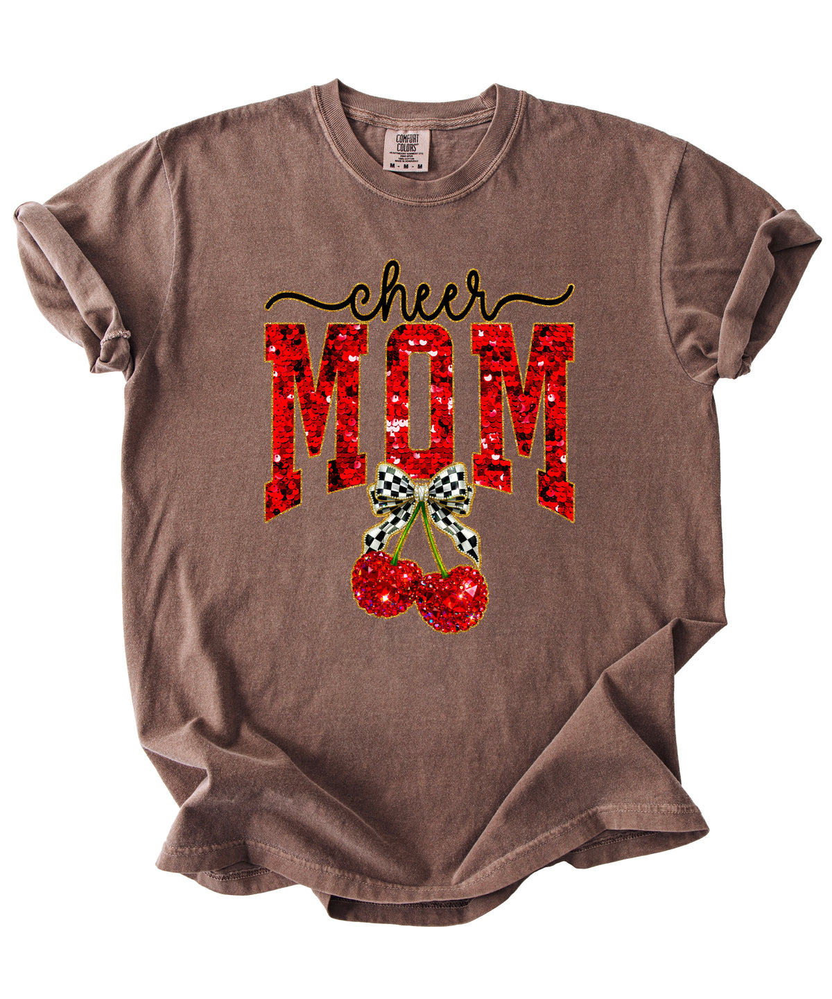 Cheerleader mom cherry coquette bow shirt, Espresso Comfort Colors tee, view 3