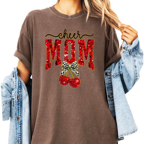 Cheerleader mom cherry coquette bow shirt, Espresso Comfort Colors tee, view 4
