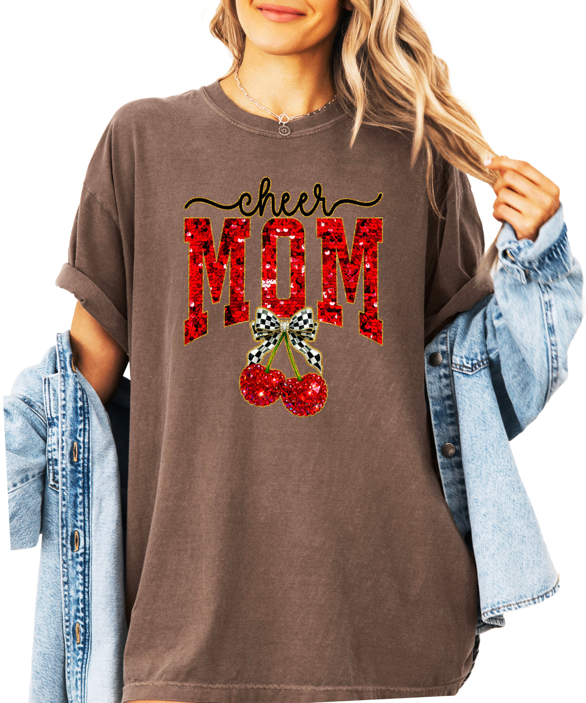 Cheerleader mom cherry coquette bow shirt, Espresso Comfort Colors tee, view 4