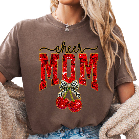 Cheerleader mom cherry coquette bow shirt, Espresso Comfort Colors tee, view 5