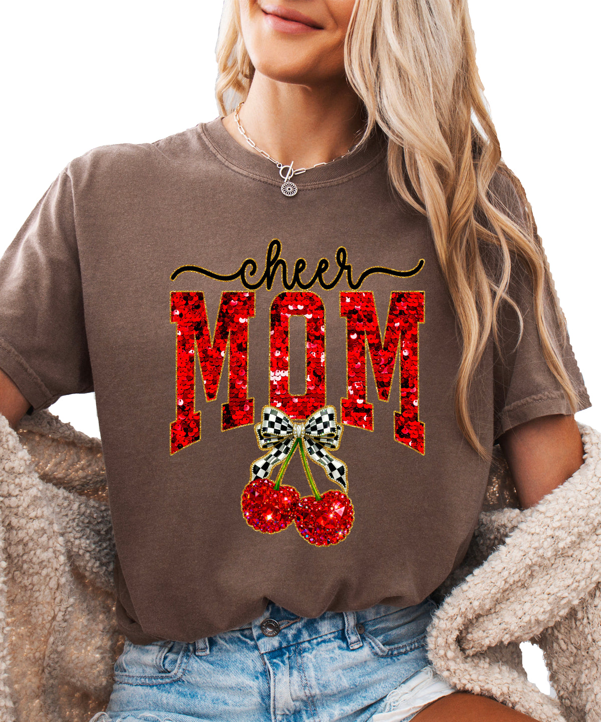 Cheerleader mom cherry coquette bow shirt, Espresso Comfort Colors tee, view 5