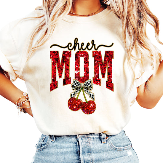 Cheerleader mom cherry coquette bow shirt, Ivory Comfort Colors tee, front