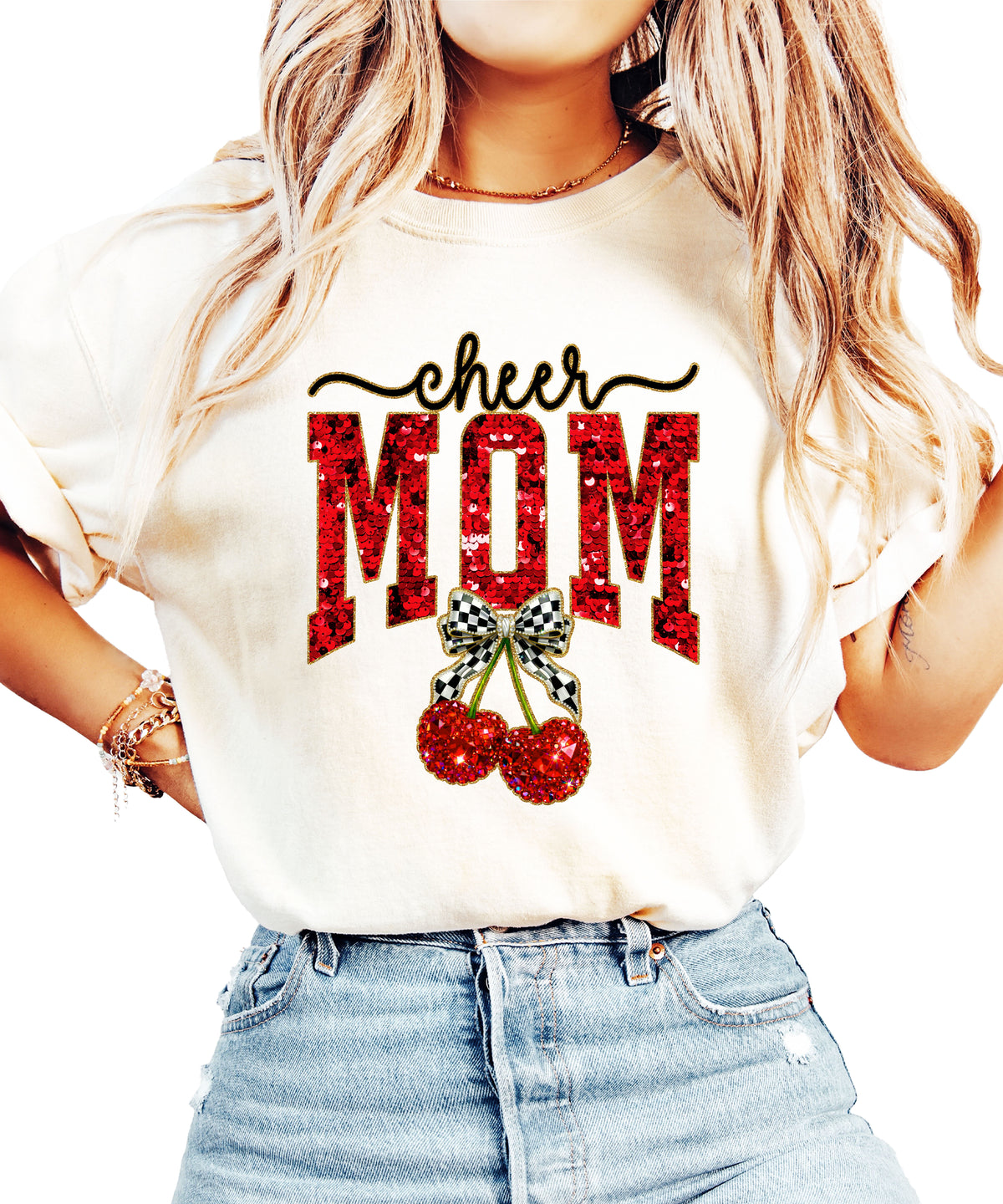 Cheerleader mom cherry coquette bow shirt, Ivory Comfort Colors tee, front