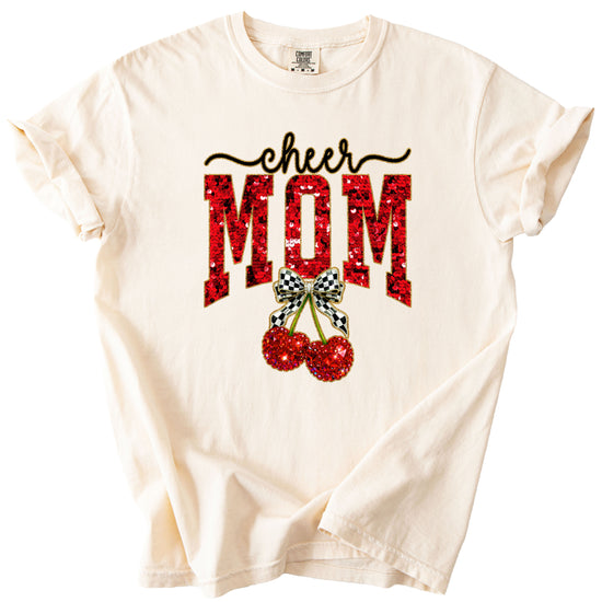 Cheerleader mom cherry coquette bow shirt, Ivory Comfort Colors tee, view 3
