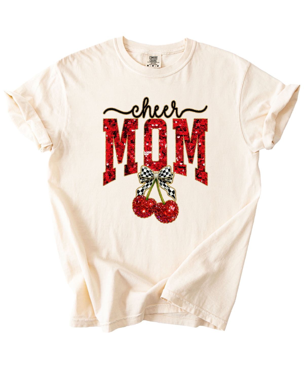 Cheerleader mom cherry coquette bow shirt, Ivory Comfort Colors tee, view 3