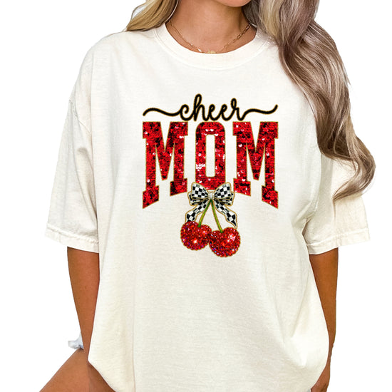 Cheerleader mom cherry coquette bow shirt, Ivory Comfort Colors tee, view 4